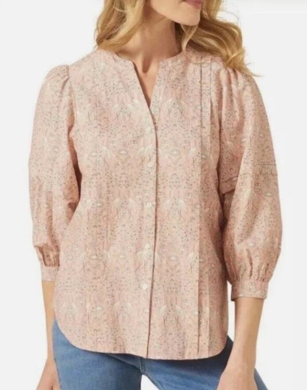 J. McLaughlin Bird Floral Print Silk Blend Blouse Size Large Balloon Sleeve NWOT